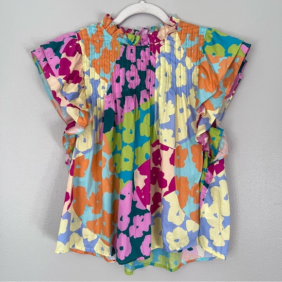 Crosby by Mollie Burch Elsie Pleated Ruffle Sleeve Top Patchwork Poppy Floral - Picture 2 of 8